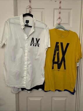 Armani Exchange Men's White Button-Up & Mustard Graphic Tee bundle